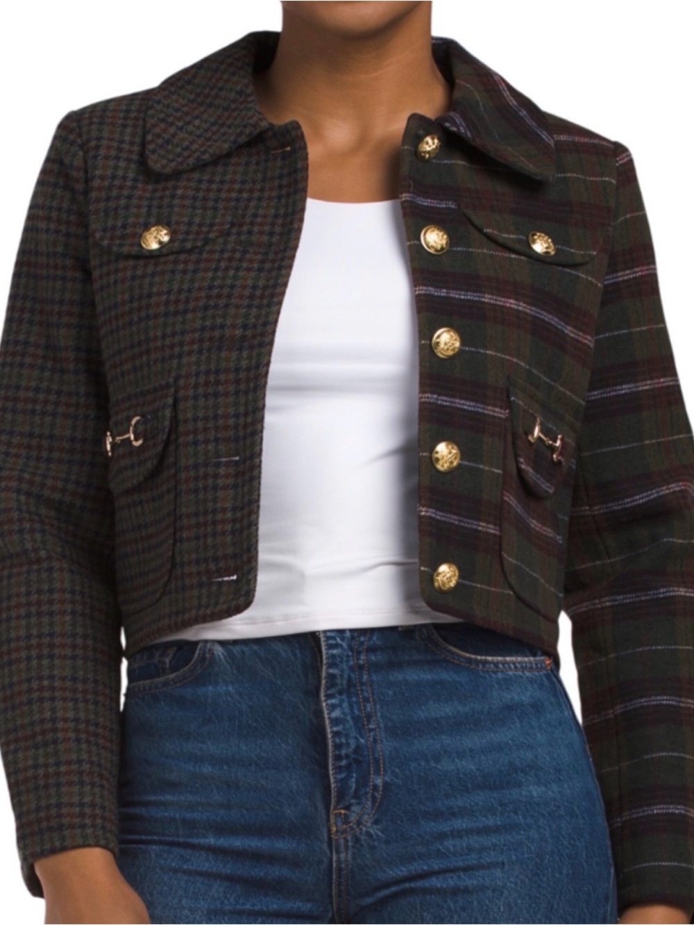 Avec Les Filles Cropped Plaid Military-Style Jacket in Olive Green & Brown XS